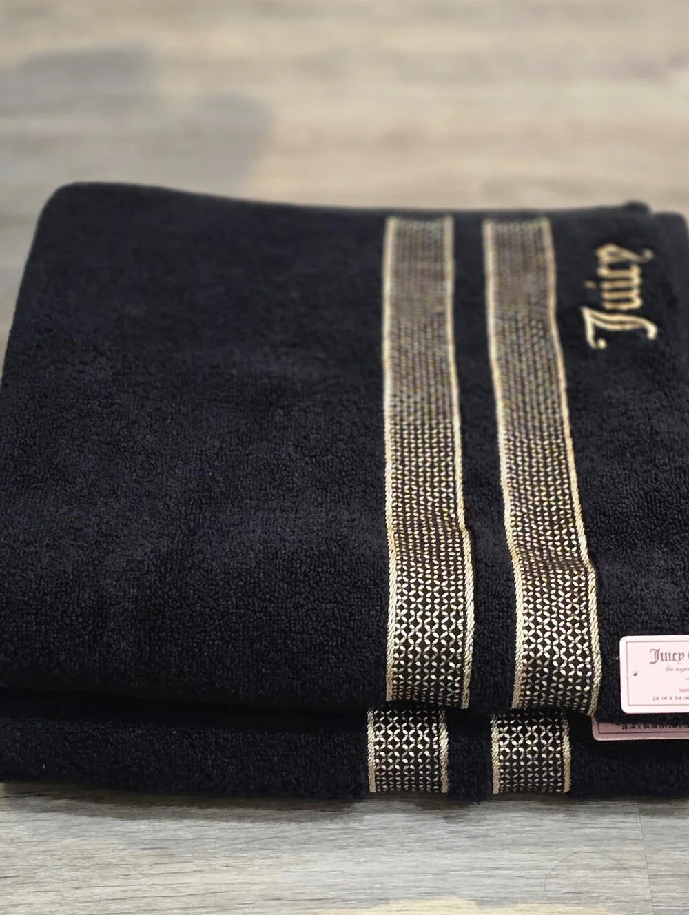 Juicy Couture Home Gold Embossed Accent Stripes Logo Plush Oversized Bath Towels